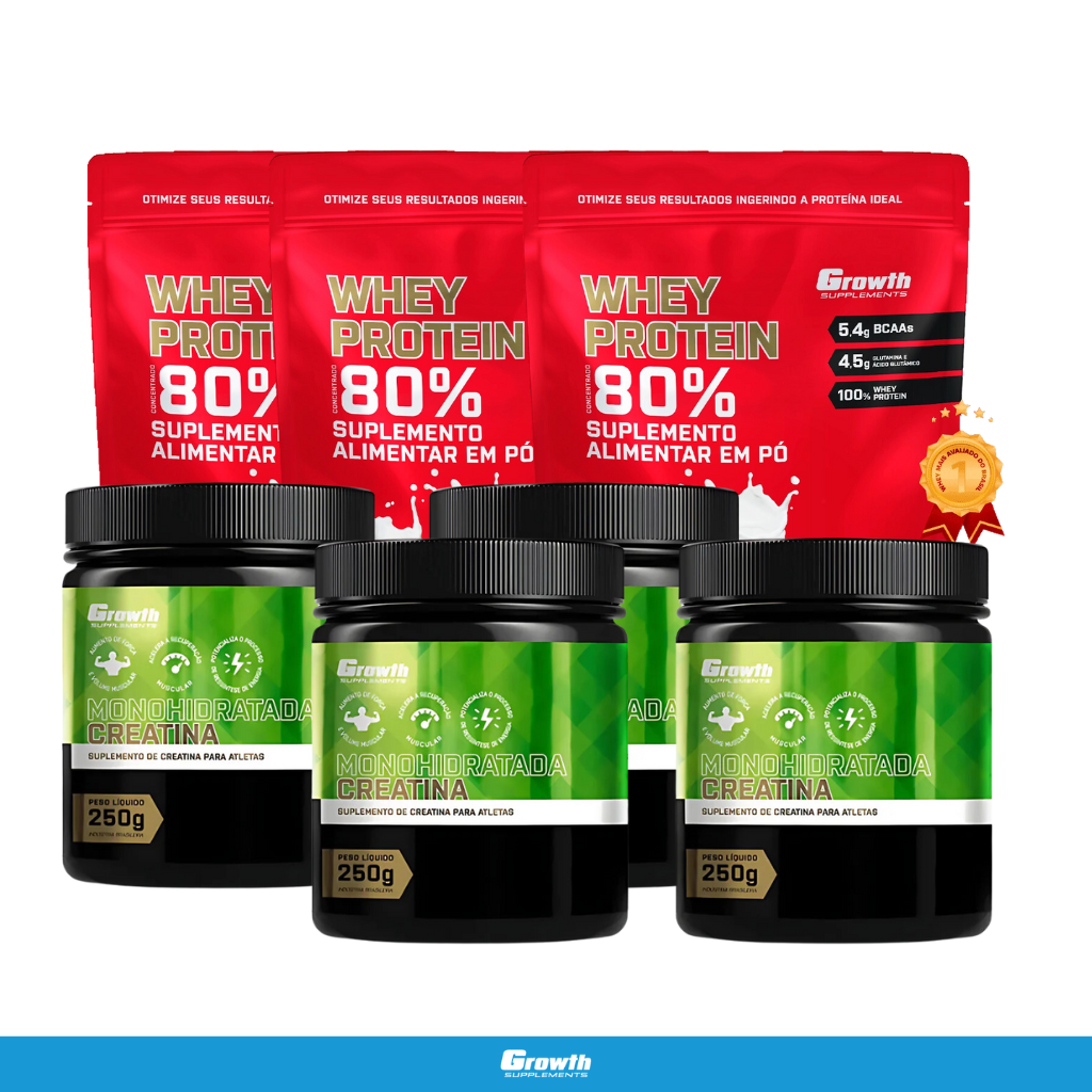 4 CREATINA MONOHIDRATADA 250G + 3 WHEY PROTEIN CONCENTRADO (1KG) - GROWTH SUPPLEMENTS